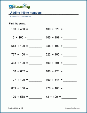 Adding 100 to numbers worksheet