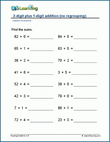 2-digit+1-digit addition (no regrouping) worksheet