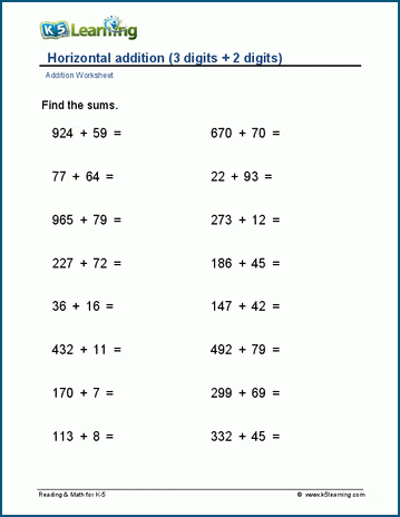 3-digit plus 2-digit worksheets | K5 Learning