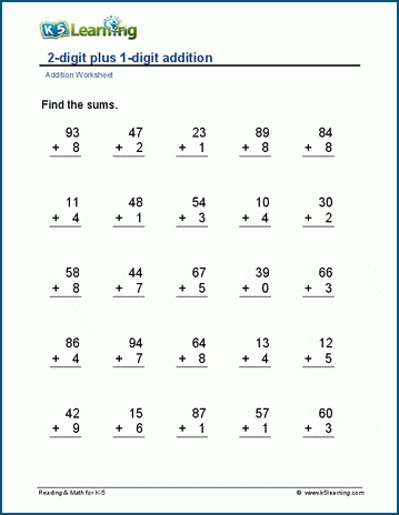 2-digit plus 1-digit addition worksheet
