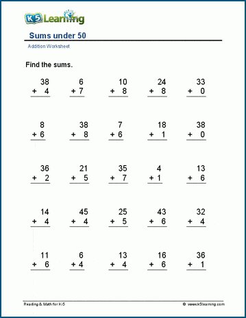 Addition with sums under 50 worksheet