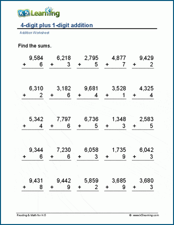 4-digit plus 1-digit addition worksheet