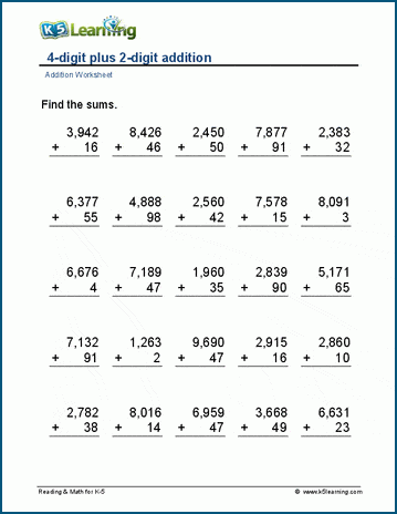 4-digit plus 2-digit addition worksheet