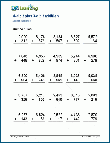 4-digit plus 3-digit addition worksheet