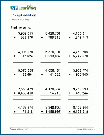 7-digit addition worksheet