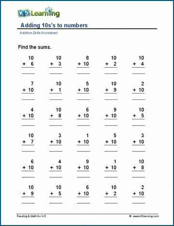 Adding 10's to numbers worksheet