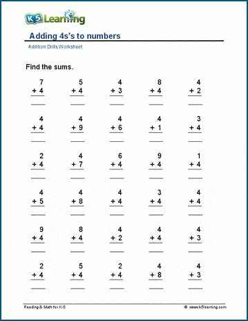 Adding 4's to numbers worksheet