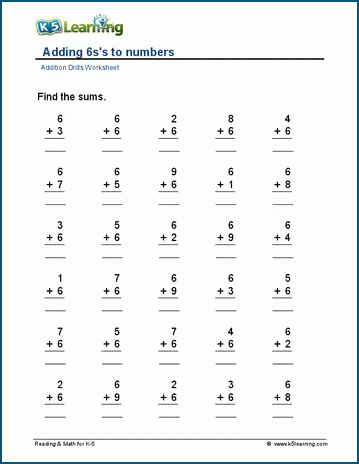 Adding 6's to numbers worksheet