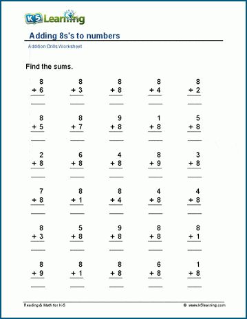 Adding 8's to numbers worksheets | K5 Learning