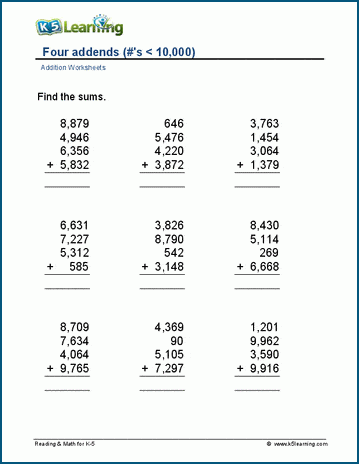 Four 4-digit numbers worksheet