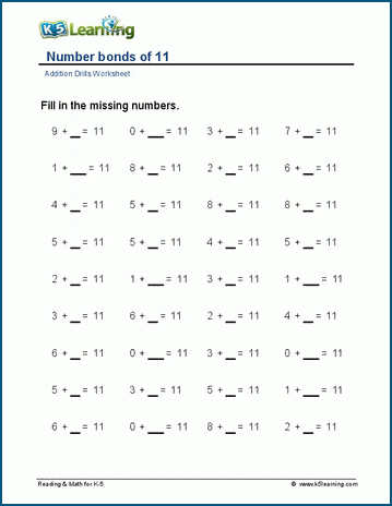 Number bonds of 11-15 worksheet
