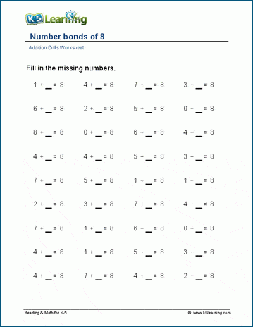 Number bonds of 8, 9 and 10 worksheets | K5 Learning