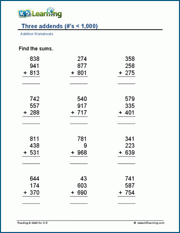 Three 3-digit numbers worksheet