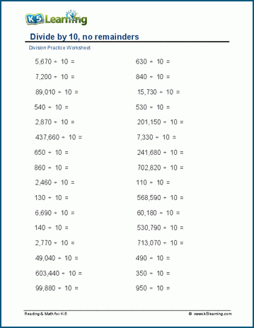 Dividing by 10 & 100, no remainders worksheet