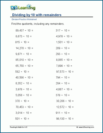 Dividing by 10 & 100, remainders worksheet