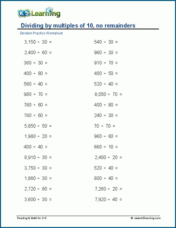 Dividing by multiples of 10, no remainders worksheet