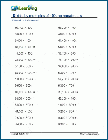 Dividing by multiples of 100, no remainders worksheet