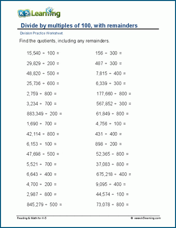 Dividing by multiples of 100, remainders worksheet