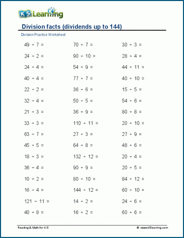 Division facts with dividends to 144 worksheet