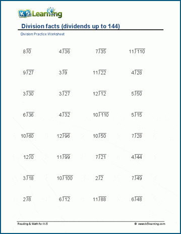 Division facts to 144 (vertical) worksheet