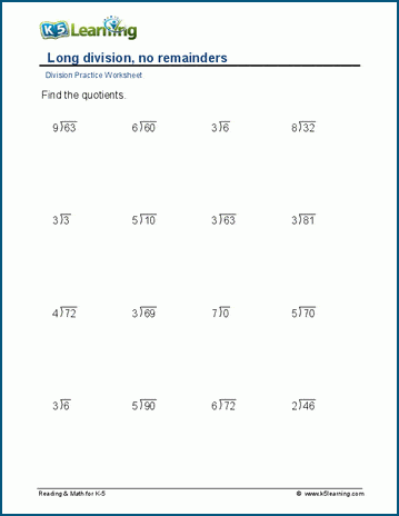 Division, no remainders, 2-digit by1-digit worksheets | K5 Learning