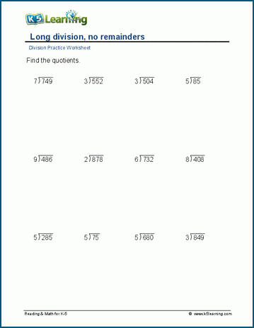 Division, no remainders, 3-digit by1-digit worksheet