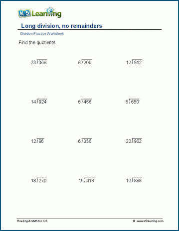 Long division, no remainders, 3-digit by 2-digit worksheet