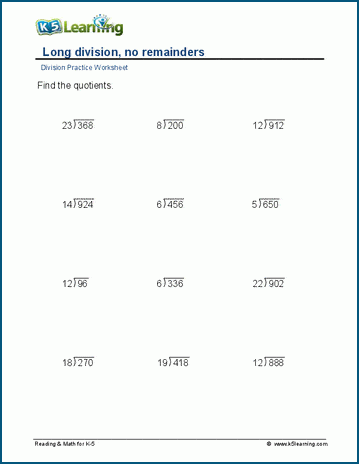 Long division, no remainders, 3-digit by 2-digit worksheets | K5 Learning