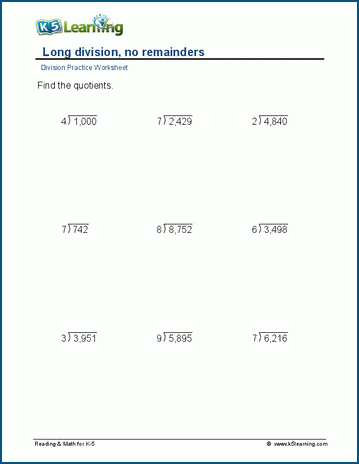 Division, no remainders, 4-digit by 1-digit worksheet