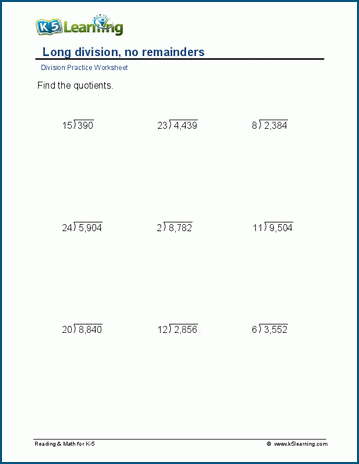 Long division, no remainders, 4-digit by 2-digit worksheet