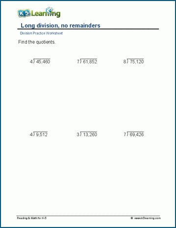 Division, no remainders, 5-digit by 1-digit worksheet