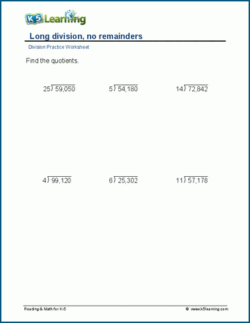 Long division, no remainders, 5-digit by 2-digit worksheet