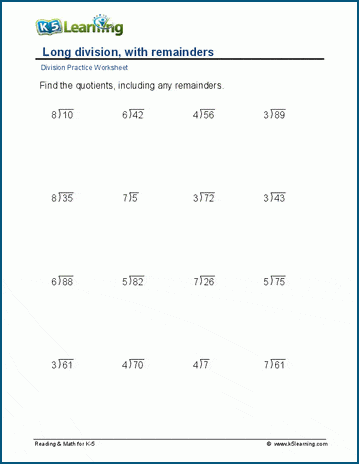 Long division, remainders, 2-digit by 1-digit worksheet