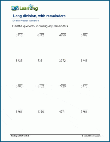 Long division, remainders, 2-digit by 1-digit worksheets | K5 Learning