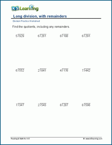 Long division, remainders, 3-digit by1-digit worksheet