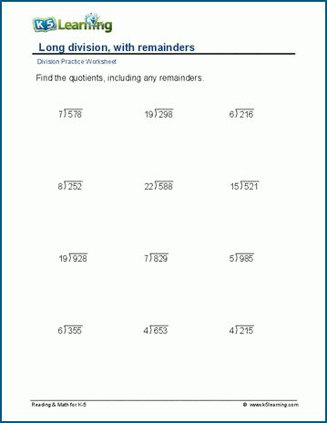 Long division, remainders, 3-digit by 2-digit worksheet