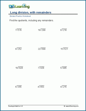 Long division, remainders, 3-digit by 2-digit worksheets | K5 Learning