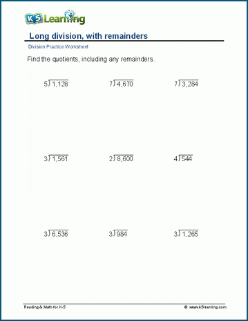 Long division, remainders, 4-digit by 1-digit worksheet