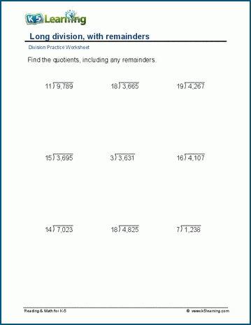 Long division, remainders, 4-digit by 2-digit worksheet
