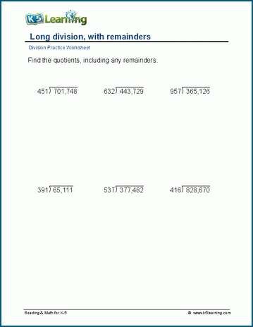 Long division, remainders, 6-digit by 3-digit worksheets | K5 Learning