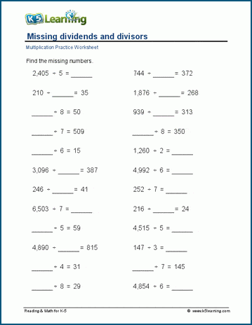 Missing divisor and dividend worksheets