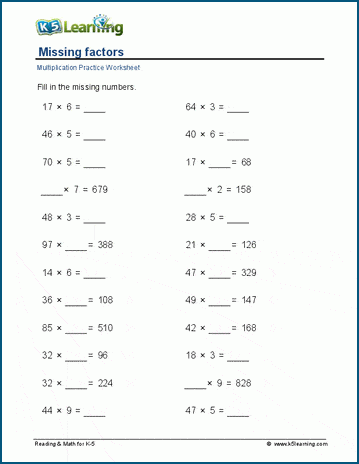 Missing factors worksheets