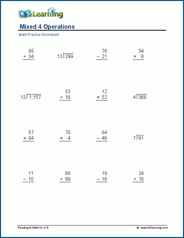 Mixed 4 Operations (1-3 digits) worksheet