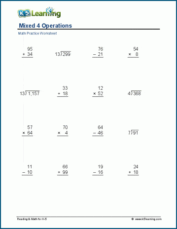Mixed 4 Operations (1-3 digits) worksheets | K5 Learning