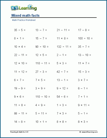 Mixed math facts (horizontal, 1-12) worksheet