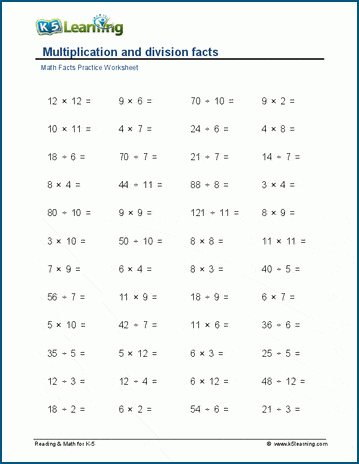 Mixed multiplication and division facts (horizontal) worksheet