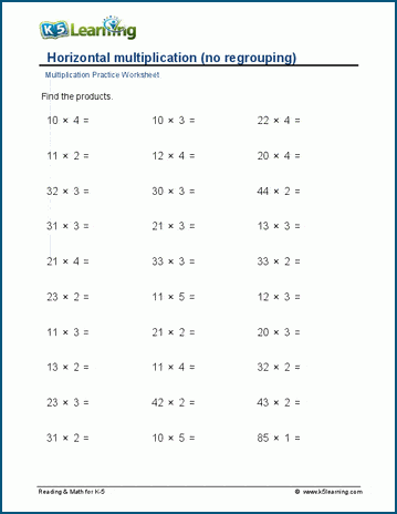 Horizontal multiplication (no regrouping) worksheet