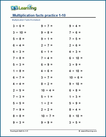 Multiplication facts 1-10 (horizontal) worksheet