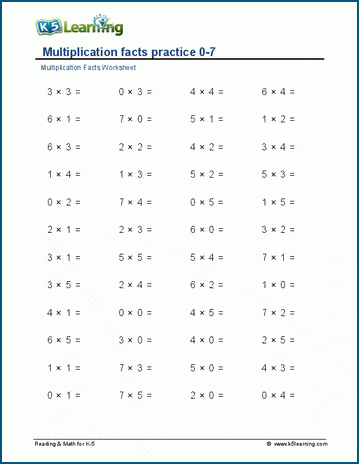 Multiplication facts 0-7 (horizontal) worksheet