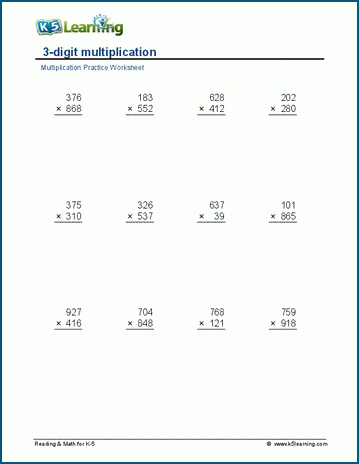 Multiply 3 x 3 digits worksheet